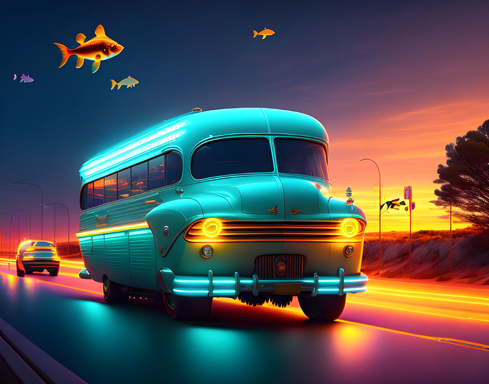 Vintage Teal Bus on Sunset Road with Floating Fish: Illustration