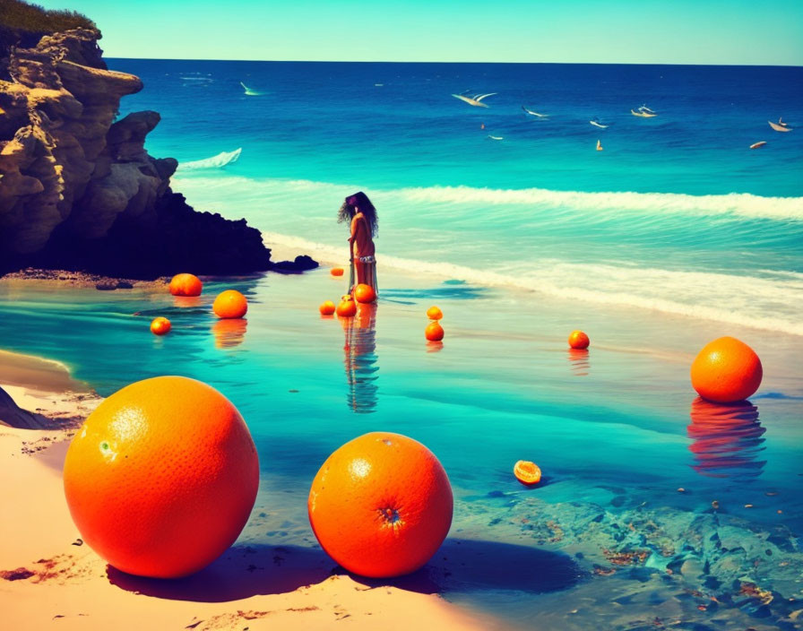 Surreal beach scene with giant oranges, person in water