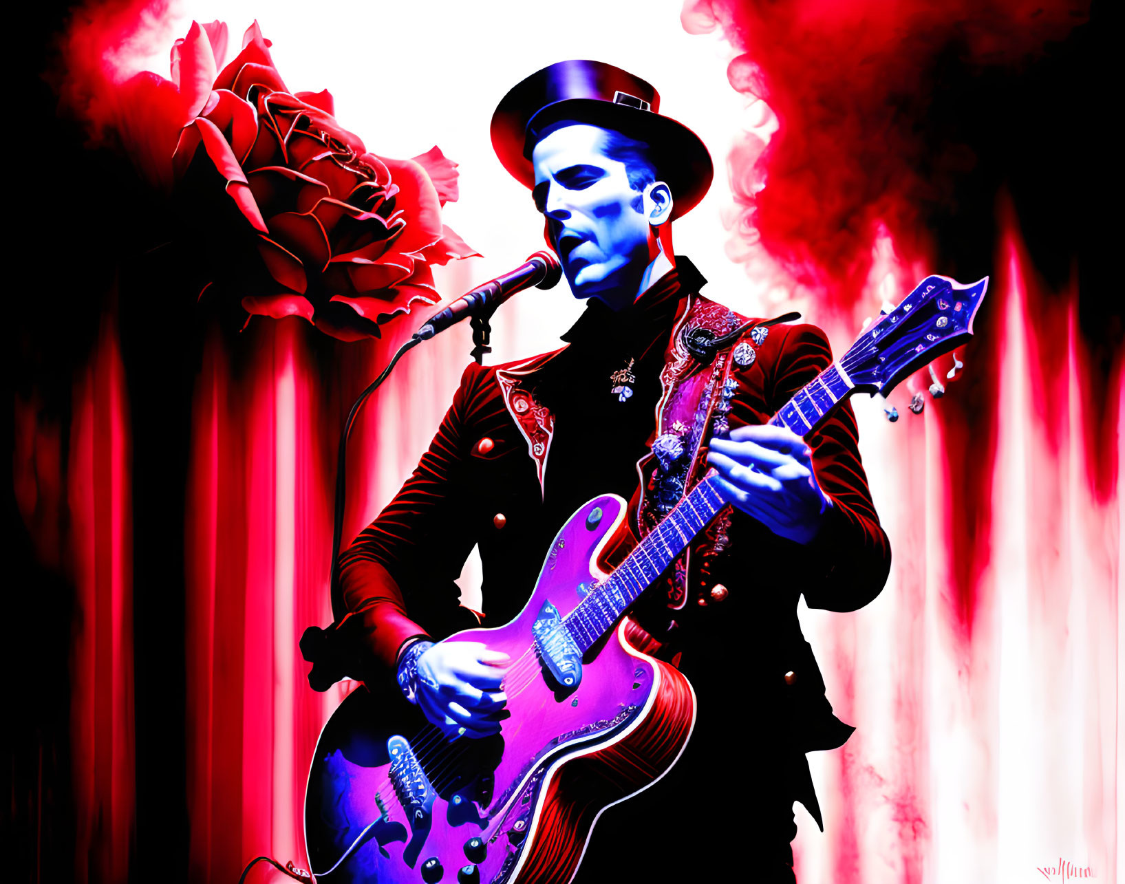 Person in Military Jacket and Top Hat Playing Guitar on Red Background with Rose