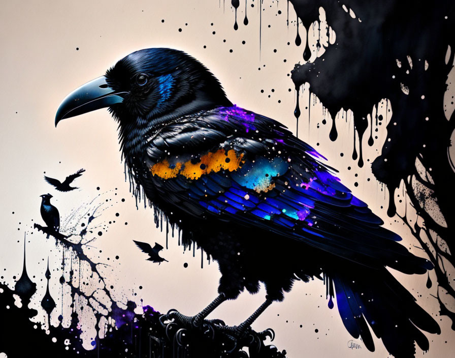 Vibrant raven with blue and orange feathers perched on fence, set against dynamic ink spl