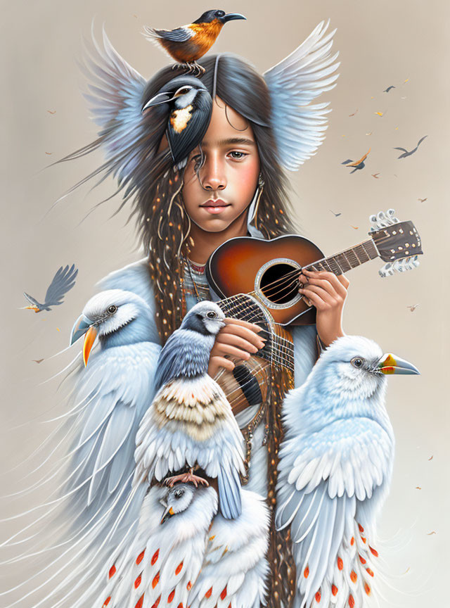 Girl with angelic wings plays guitar surrounded by birds in harmonious scene