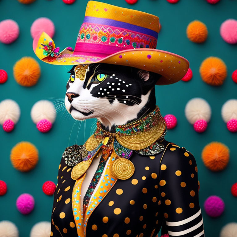 Colorful Cat in Human-like Pose with Hat and Jewelry on Polka-dotted Background