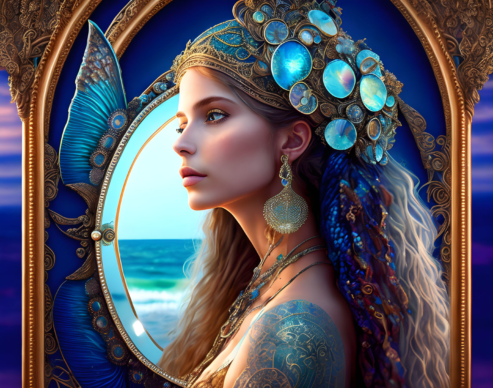 Regal woman in gold and turquoise jewelry with seascape background