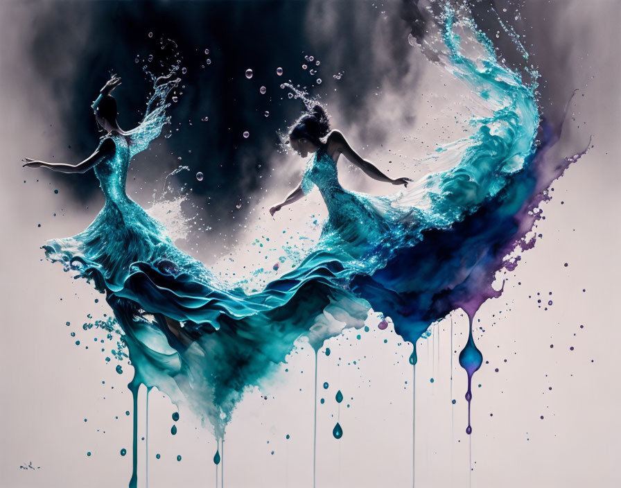 Blue and Turquoise Liquid Dancers on Grey Background