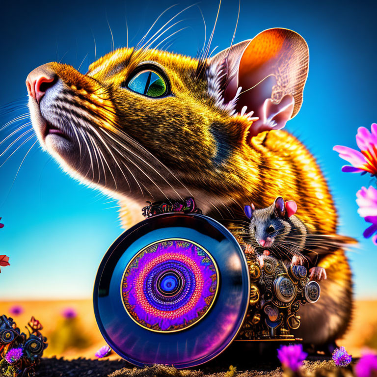 Colorful artwork: Large cat and mouse with compass among vibrant flowers under blue sky