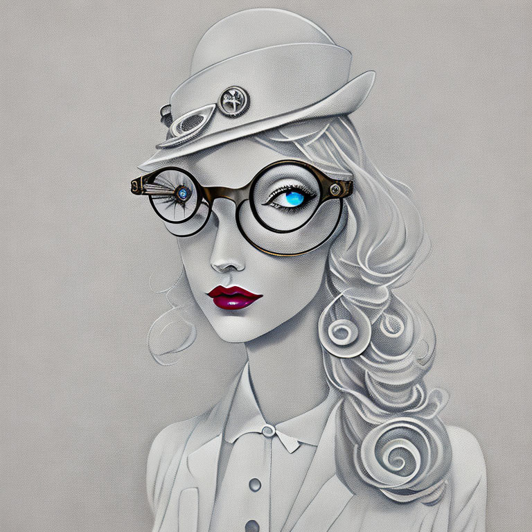 Stylized woman illustration with vintage accessories in grey-scale and pops of blue and pink