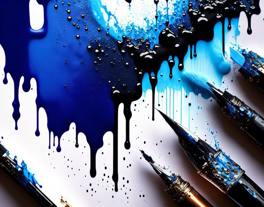 Ink splatters and paintbrushes on white background