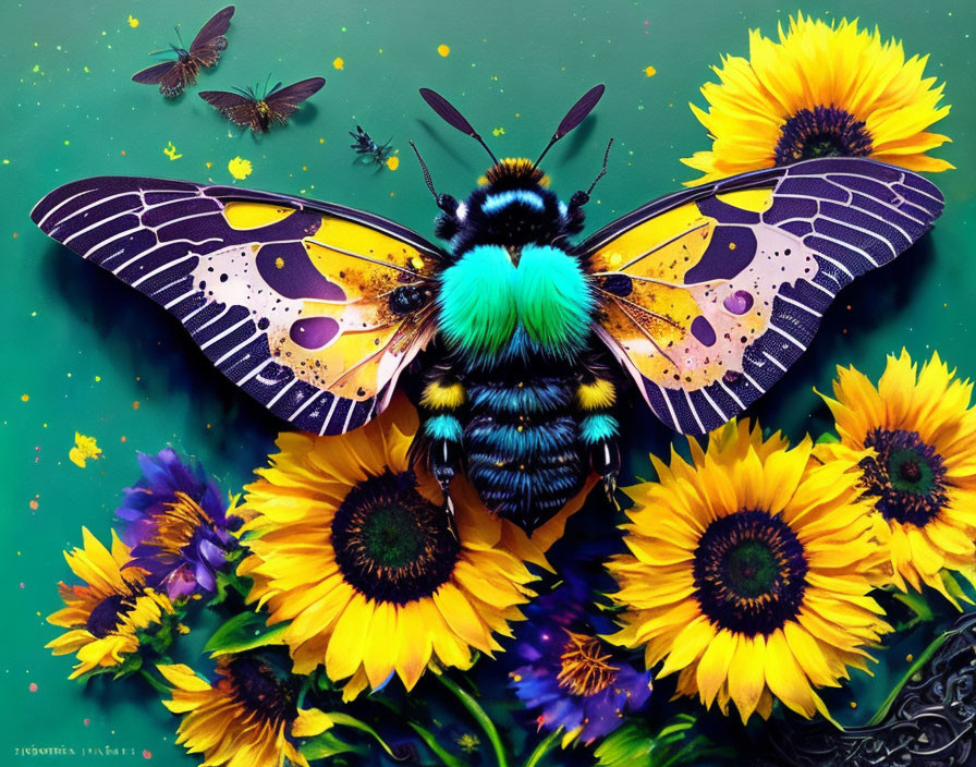 Colorful digital artwork: oversized bee, intricate wings, sunflowers, butterflies on teal.