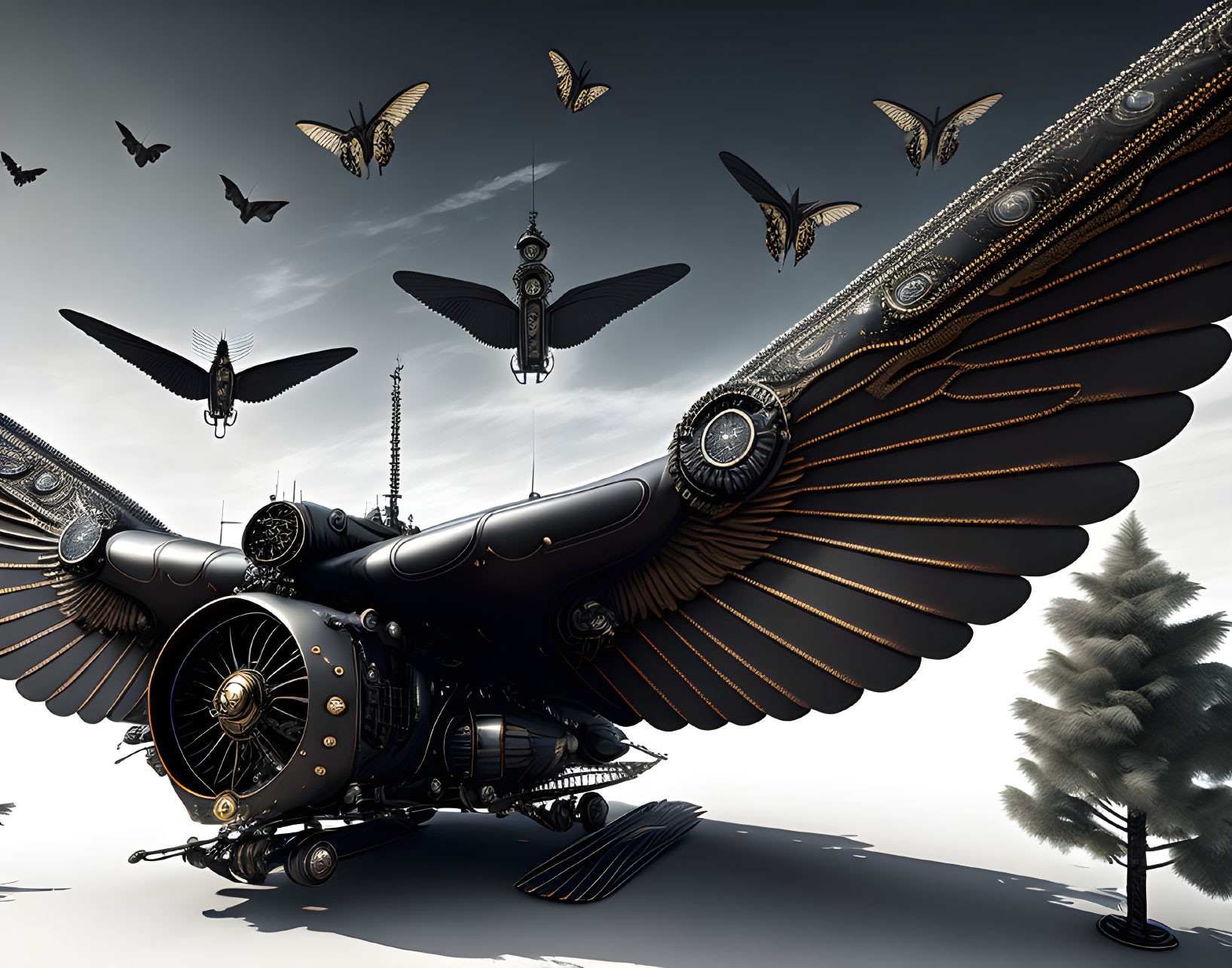 Mechanical birds and butterflies with metallic feathers in steampunk scene