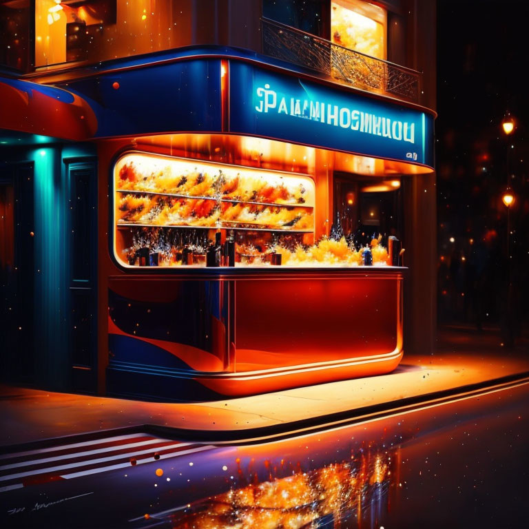 Neon-lit diner with Cyrillic sign, wet pavement reflections, and flying sparks.