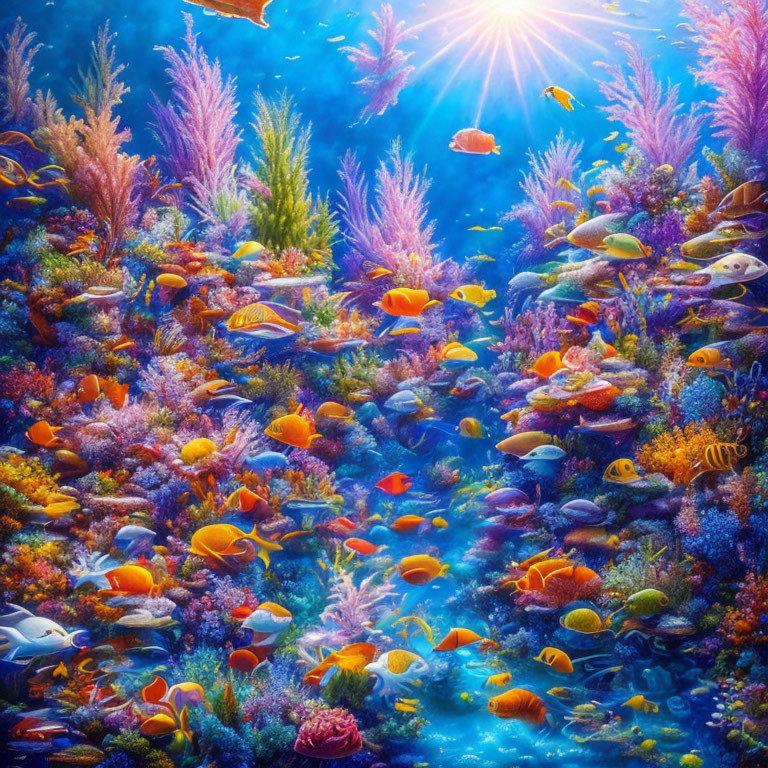 Colorful Fish and Coral Reefs in Sunlit Underwater Scene