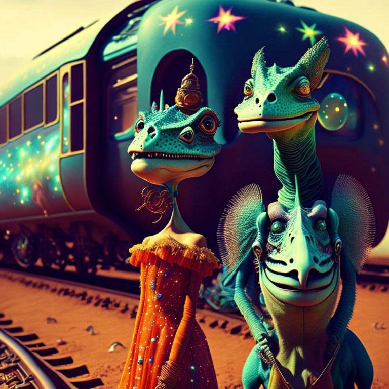 Colorful humanoid lizard creatures by train in desert setting