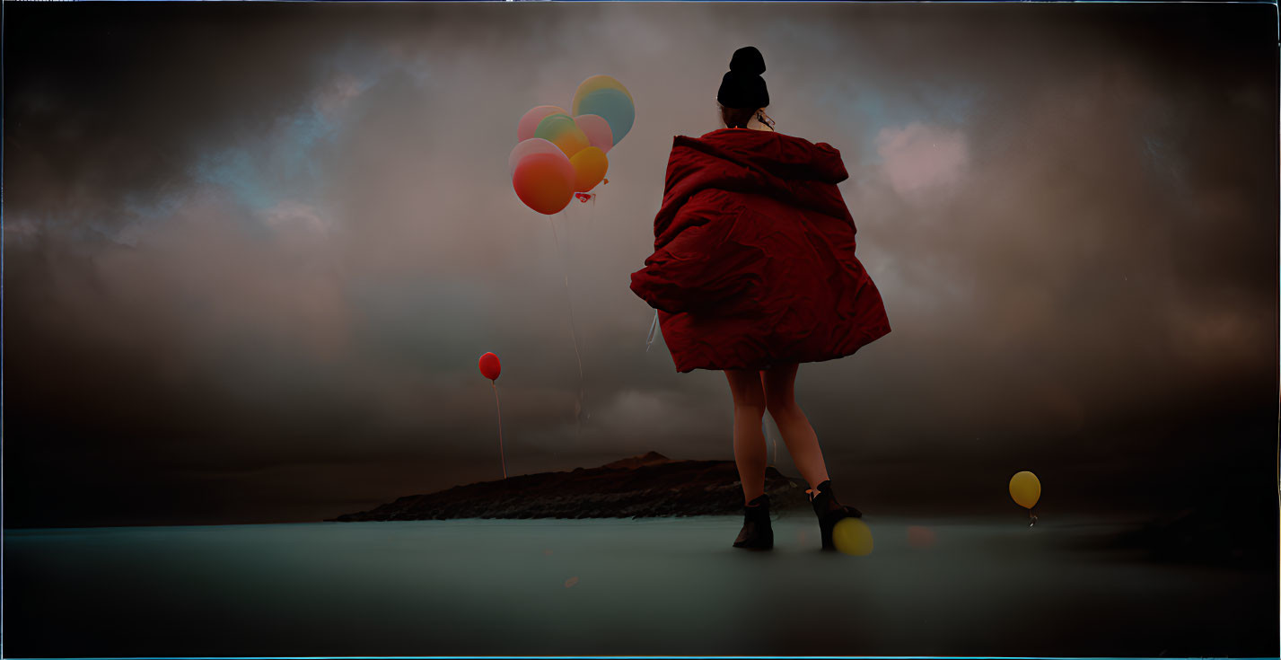 Person in Red Cloak Holding Balloons in Serene Landscape under Dramatic Sky