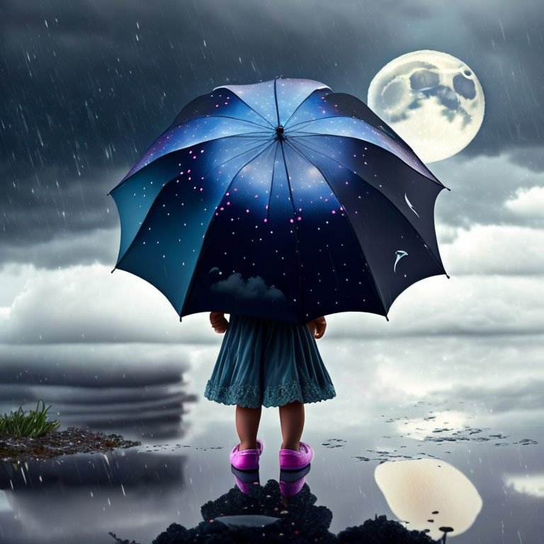 Child under starry umbrella with moon, rain, puddles, pink boots