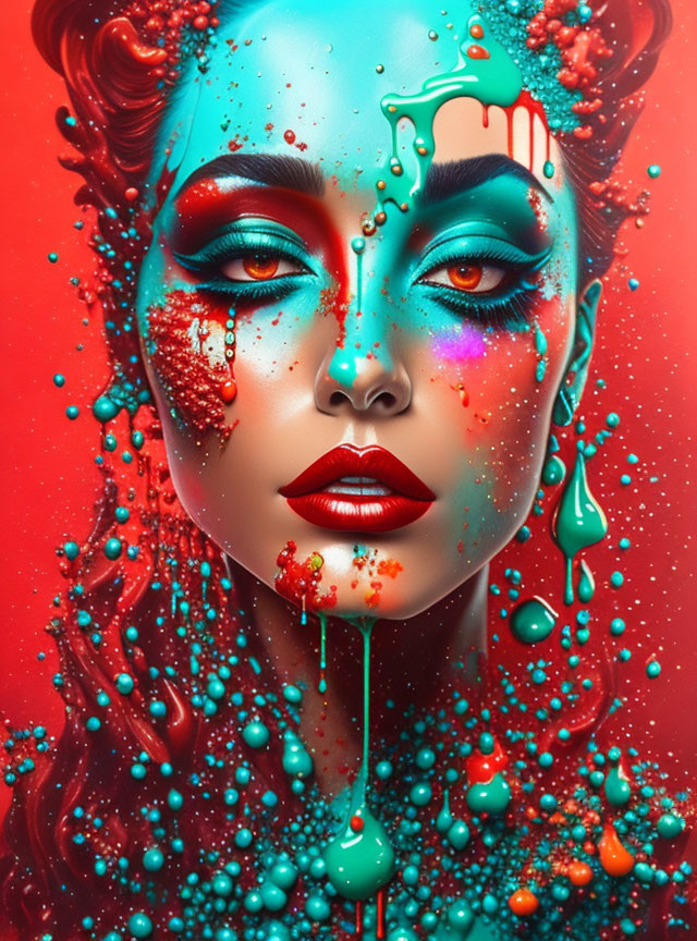 Vibrant makeup woman with dripping paint on red background