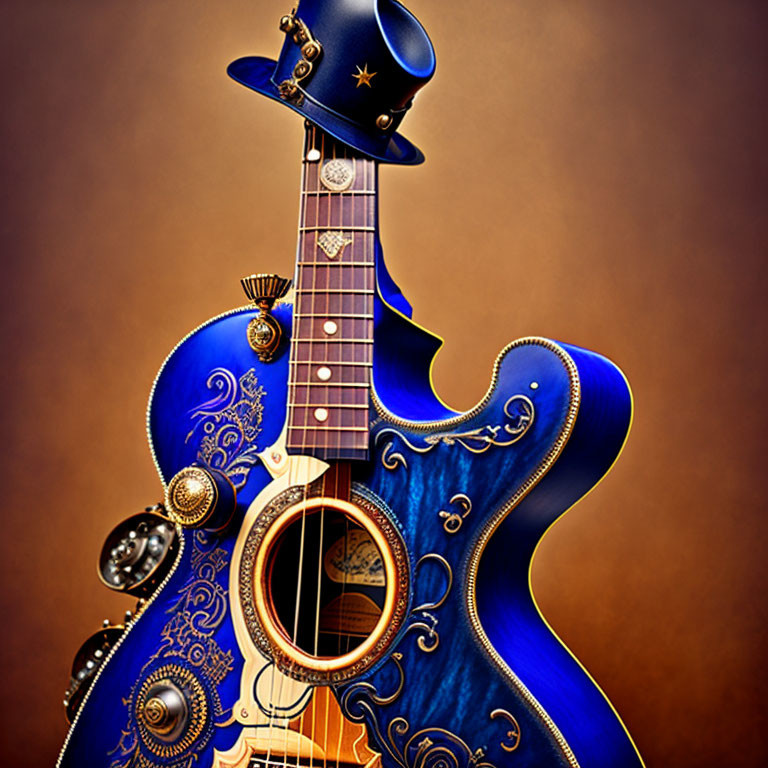 Blue guitar with gold designs and star hat on warm background