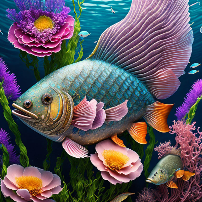 Colorful Stylized Fish Swimming Among Coral and Sea Flowers