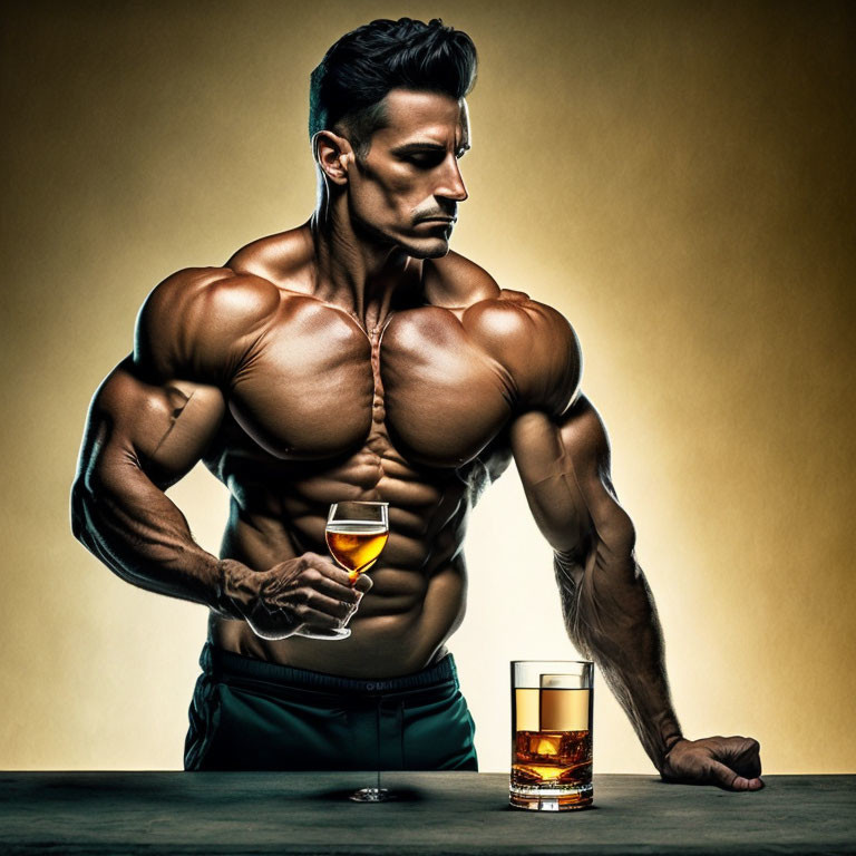 Muscular person with wine and whiskey glasses on table in warm-toned setting