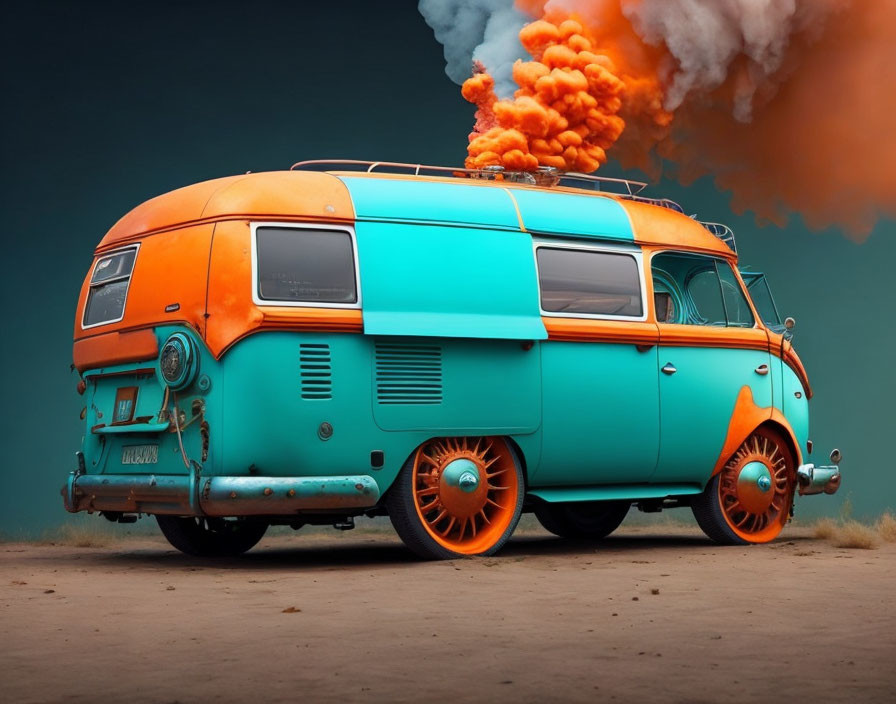 Vintage van emitting orange smoke on teal gradient background