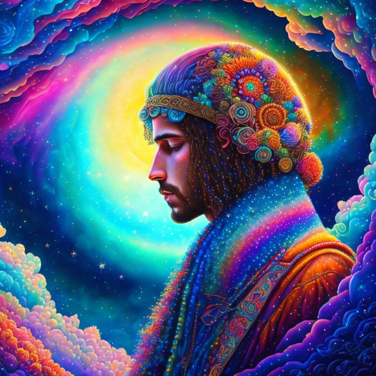 Colorful Profile Portrait with Decorated Hat and Shawl on Psychedelic Starry Background