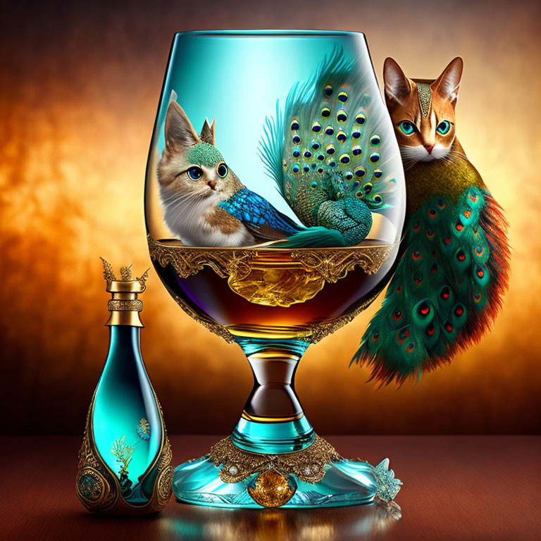 Surreal image: Peacock, cats, wine glass, and blue bottle on fiery backdrop