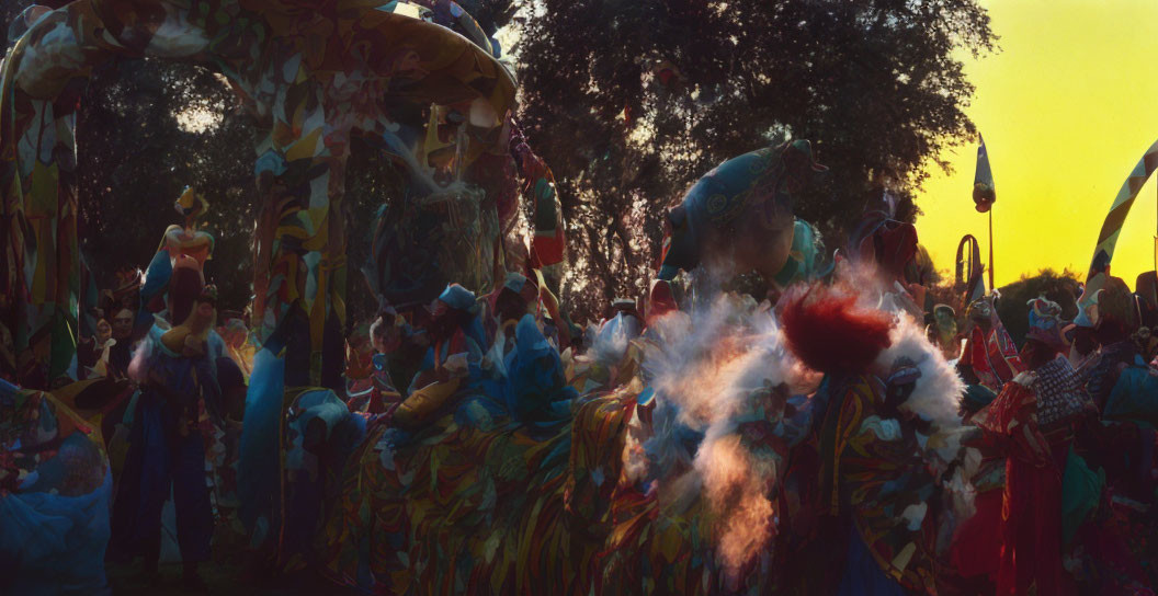 Vibrant sunset parade with festive floats and costumed figures.