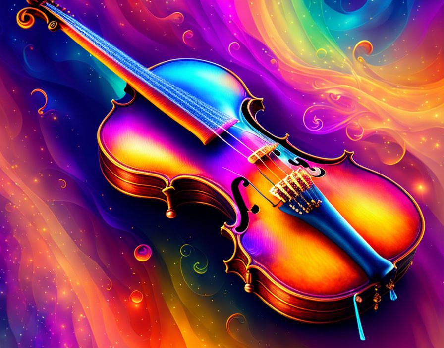 Colorful Violin Illustration with Neon Abstract Patterns