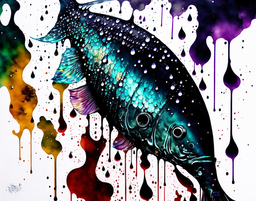 Colorful Fish Painting with Dripping Ink in Abstract Style