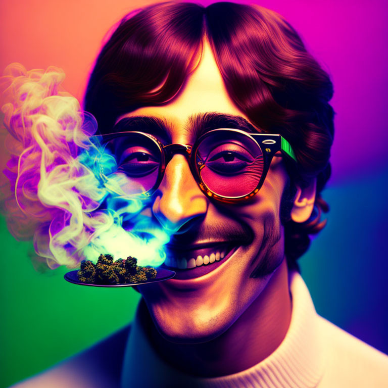 Vibrant portrait of smiling man with glasses exhaling smoke on colorful background