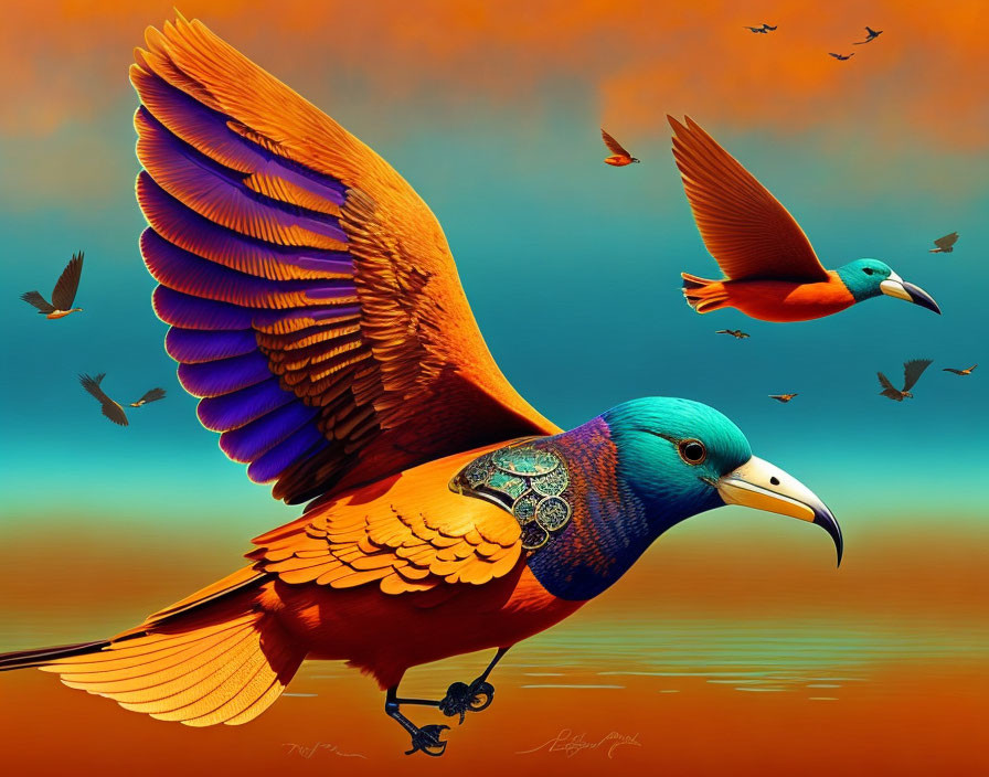 Colorful Bird Flying Against Orange Gradient Background with Silhouettes