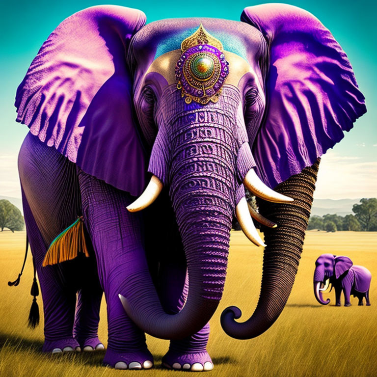 Purple elephant with intricate designs and headgear in grassy field.