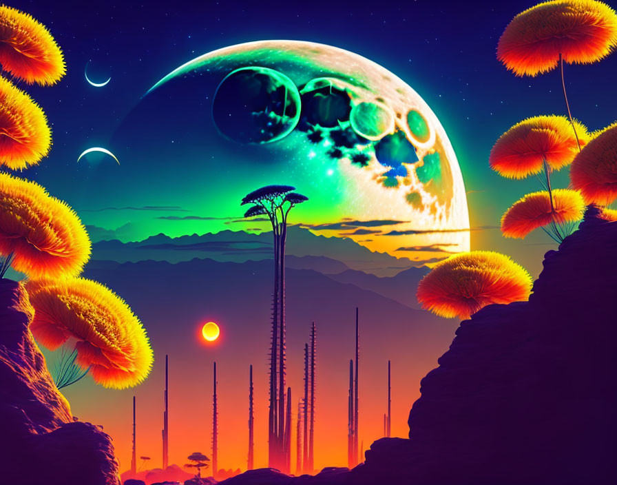 Colorful Sci-Fi Landscape with Oversized Moon, Alien Plants, Cacti, and Mountains