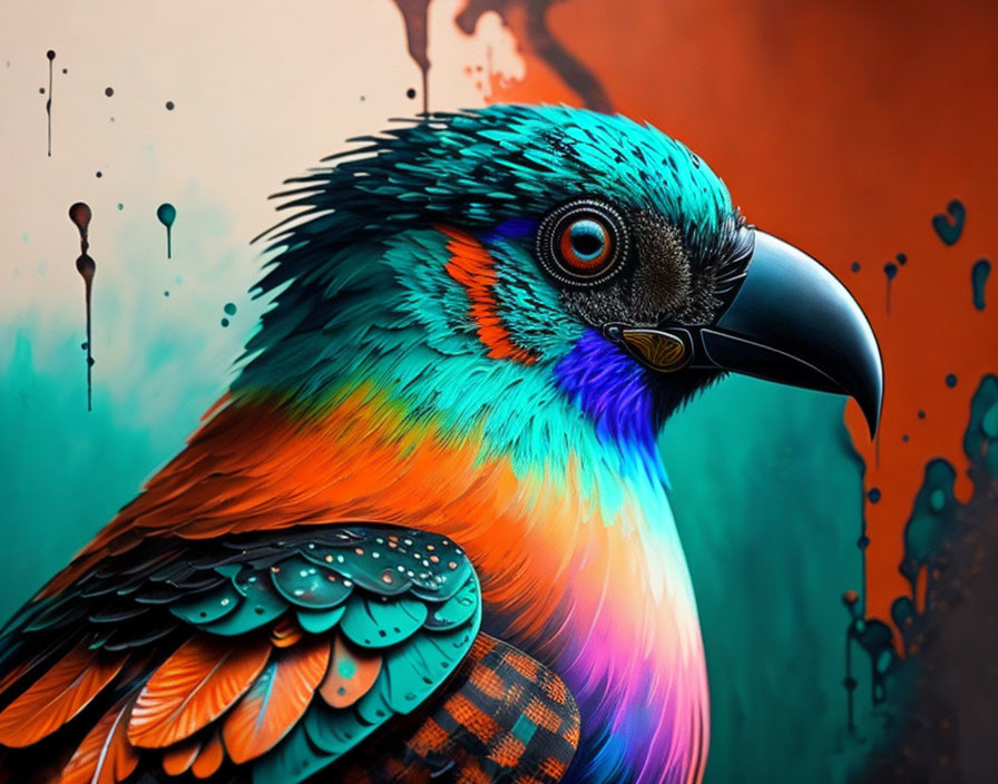 Colorful bird illustration with rainbow feathers and black beak against orange backdrop