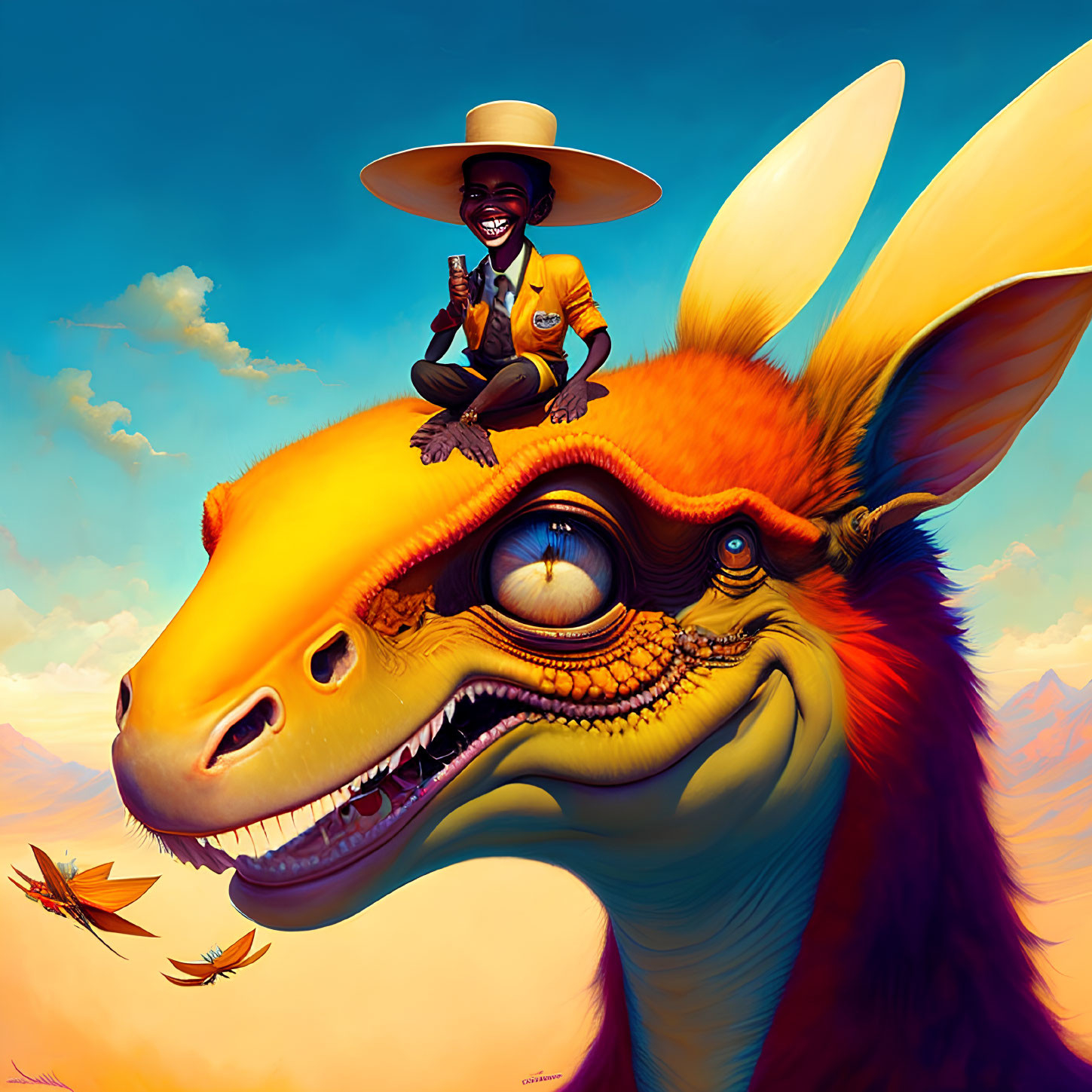 Person in Wide-Brimmed Hat Riding Smiling Orange Creature in Desert Landscape