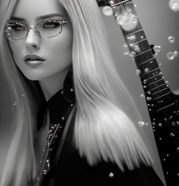 Monochrome portrait of woman with long hair, glasses, guitar, and bubbles.