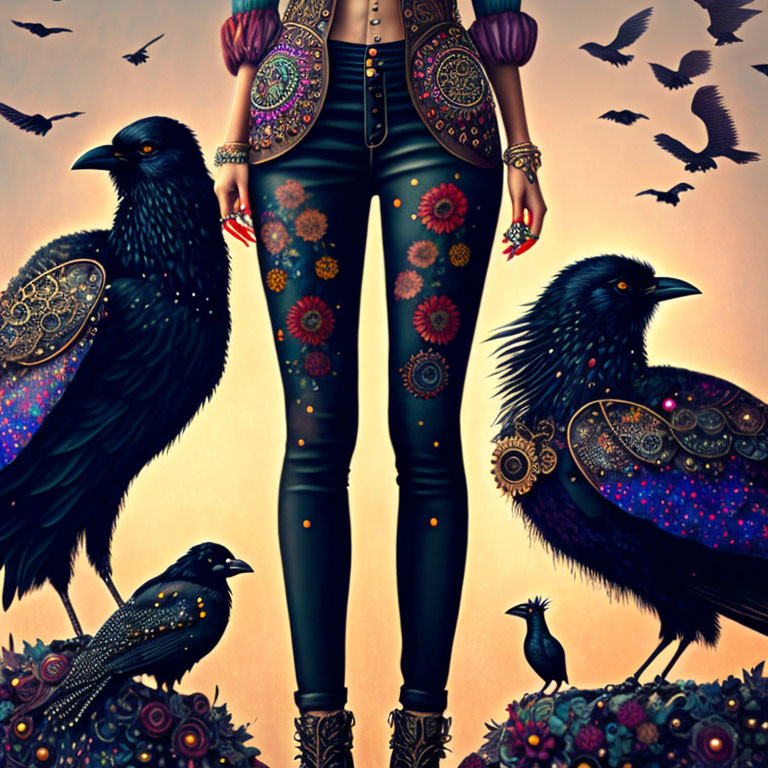 Woman in Embellished Clothes with Stylized Ravens on Sepia Background