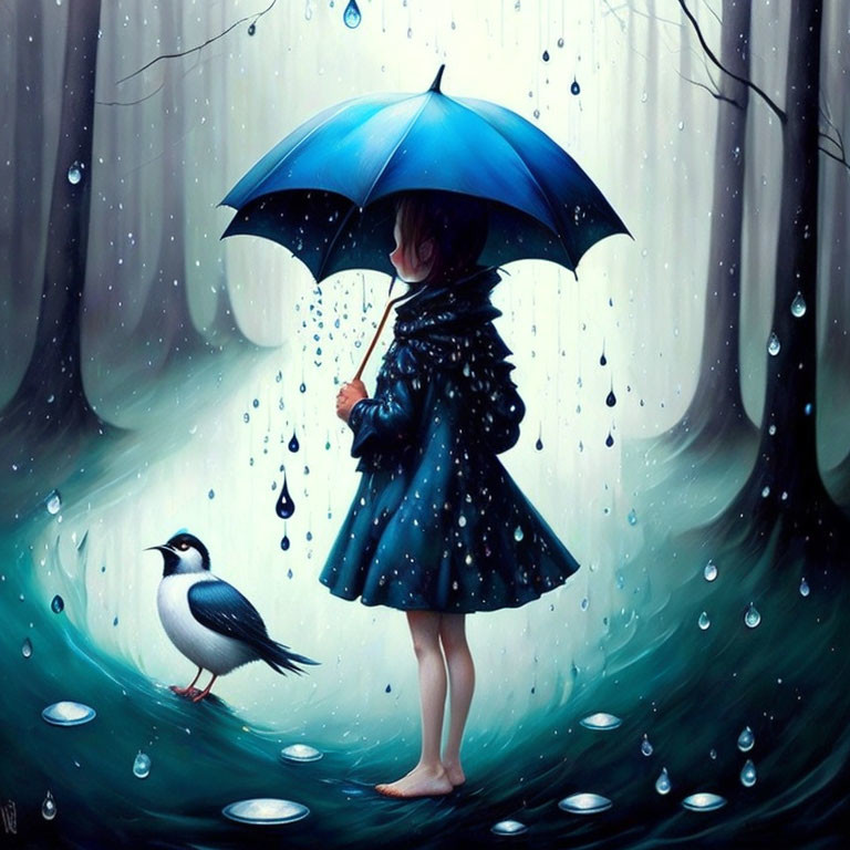 Child with blue umbrella in rainy forest scene.