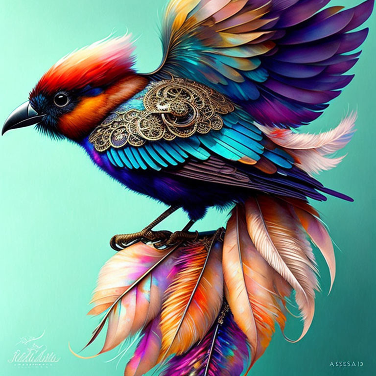 Colorful Bird Illustration with Ornate Feathers on Turquoise Background