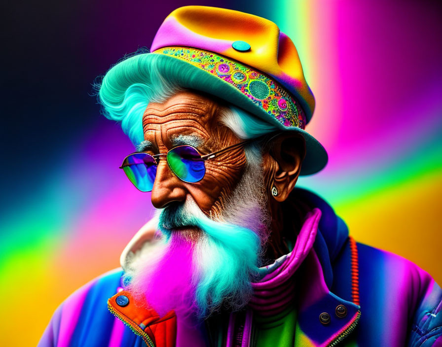 Colorful portrait of elderly man with vibrant beard, hat, sunglasses, and jacket on psychedelic backdrop