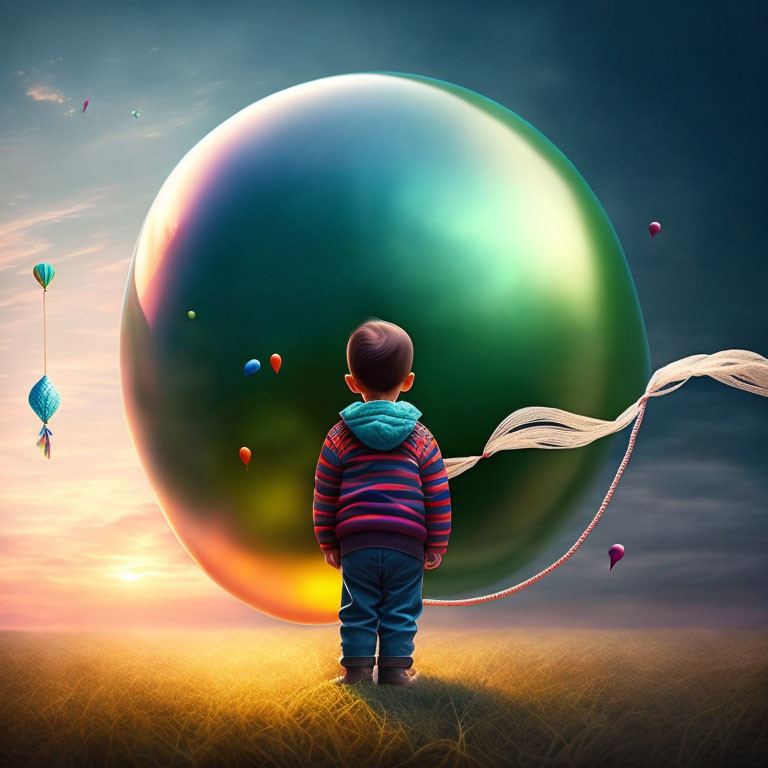 Child in field with giant colorful marble, balloons, and kites at sunset