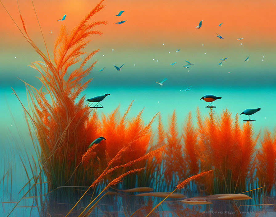 Birds perched and flying in vibrant sunset with tall grasses