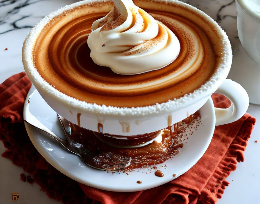 Creamy cappuccino with whipped cream and cocoa overflow on saucer