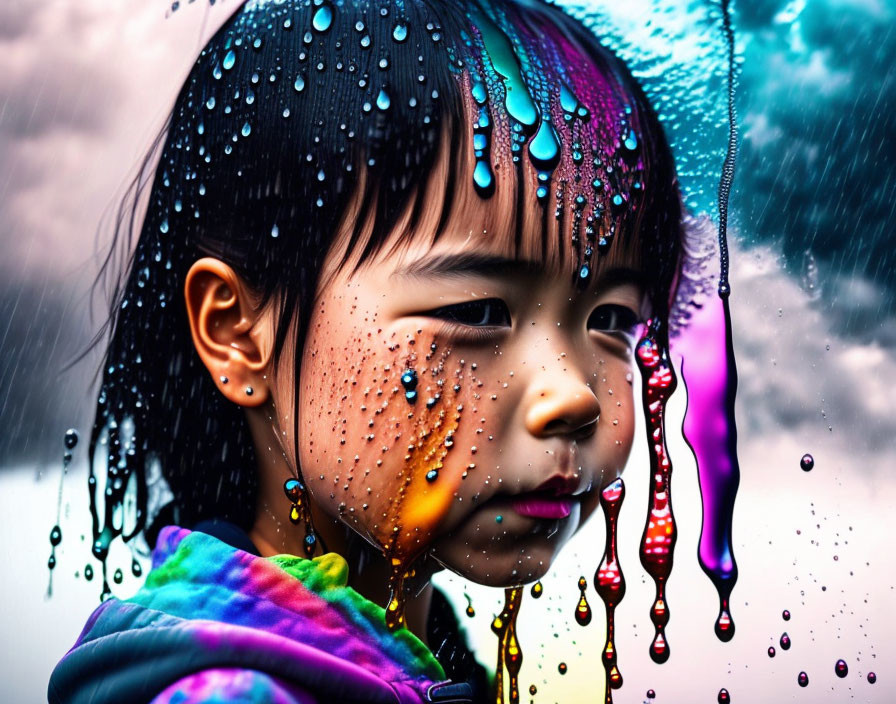 Young child with contemplative expression and water droplets on window