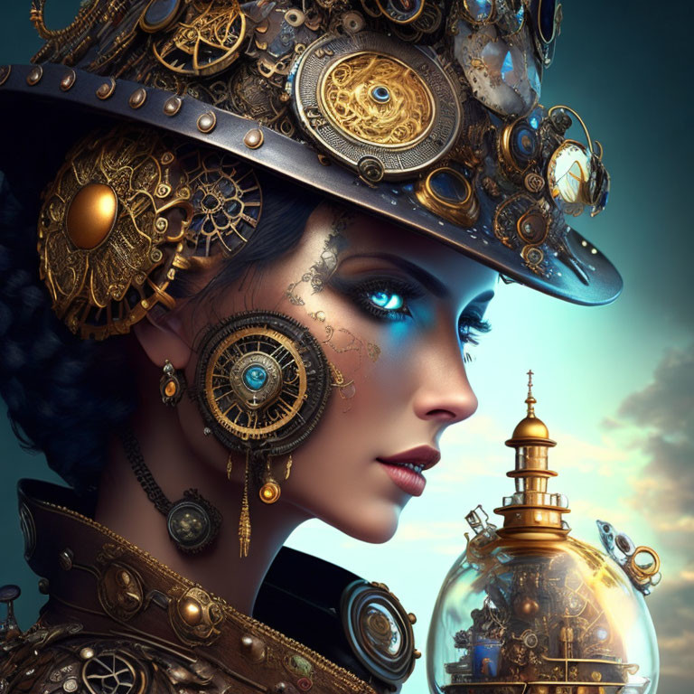 Steampunk-inspired portrait of a woman with clockwork accessories on teal background