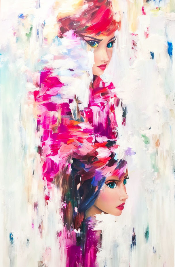 Colorful Abstract Painting: Two Women with Striking Features