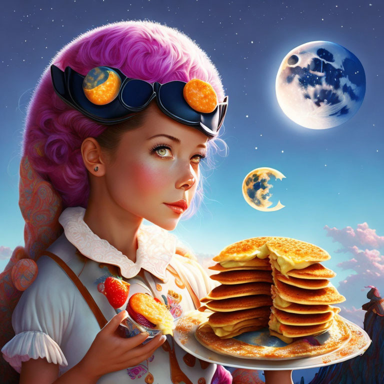 Colorful illustration of woman with purple hair holding pancakes under two moons