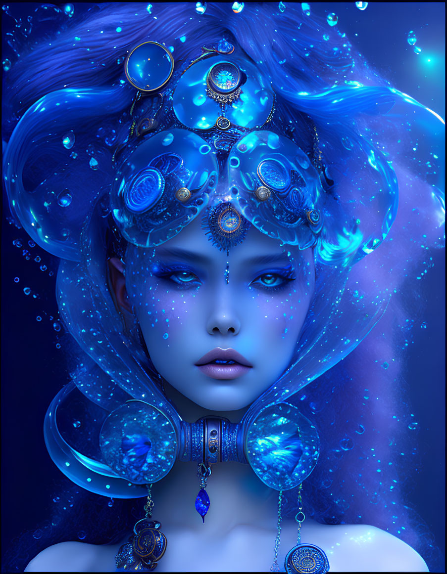 Blue-skinned female fantasy portrait with celestial motifs and bubbles on deep blue background