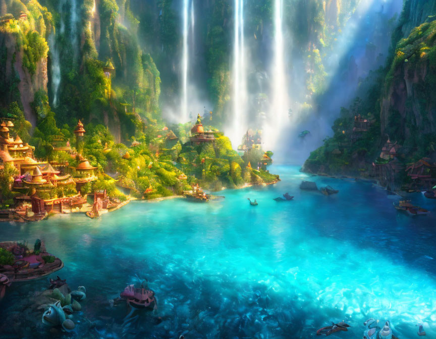 Vibrant turquoise waters, cascading waterfalls, lush greenery, and Asian-inspired architecture in