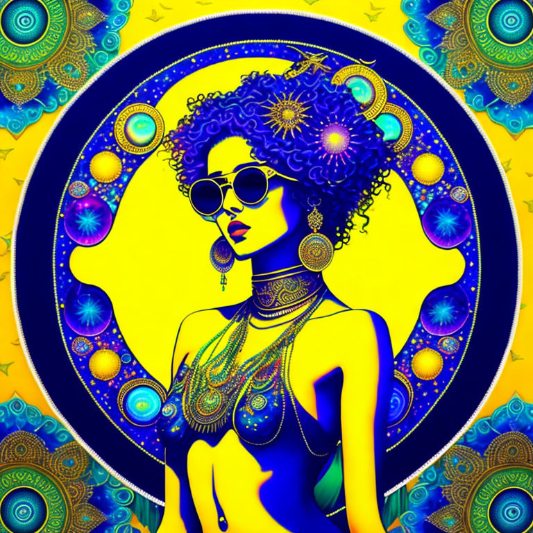 Colorful digital portrait of a woman with curly hair and sunglasses in psychedelic celestial theme