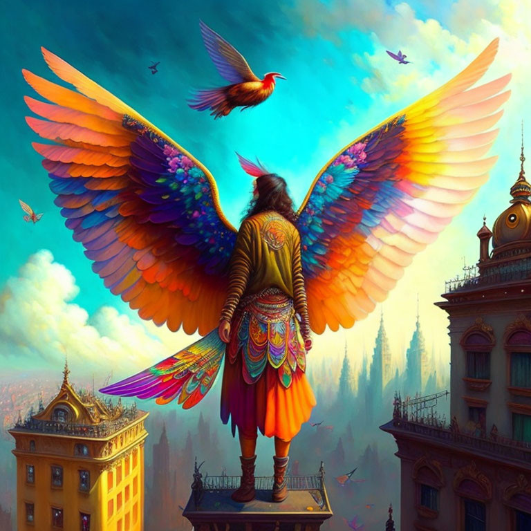 Person with Vibrant Multicolored Wings Overlooking Fantastical Cityscape